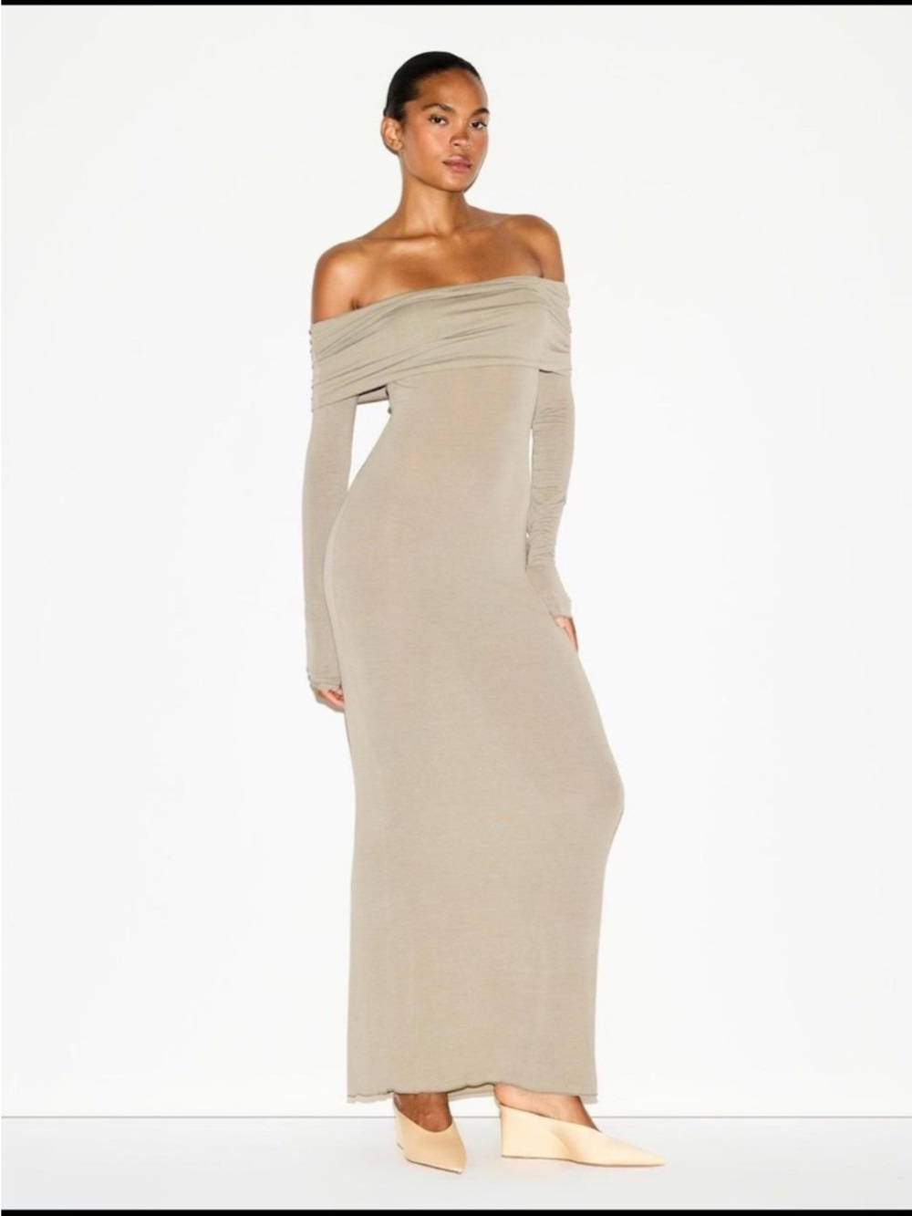 Off-Shoulder Long Sleeve Maxi Dress in Taupe